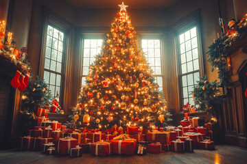 Christmas Tree Decorated with Lights and Ornaments