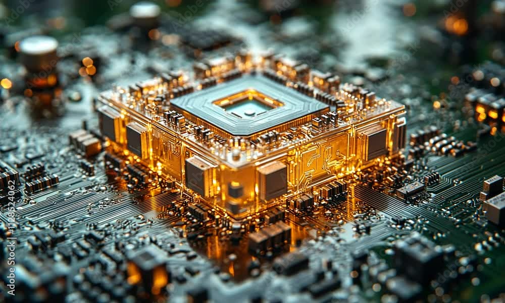 Aufkleber a close-up of a glowing microprocessor on a circuit board, showcasing technology and innovation.