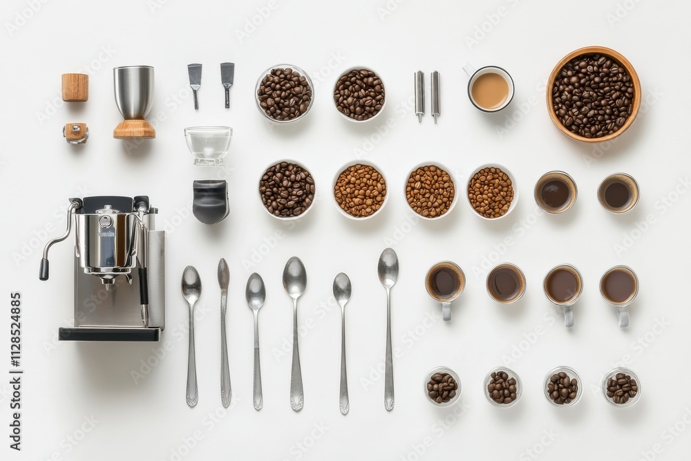 Aufkleber flat lay displays coffee beans in various containers, cups filled with brewed coffee, and a coffee m