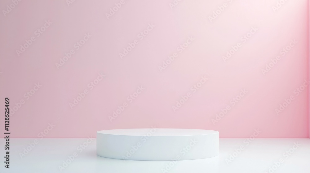 Poster a minimalist display area with a circular platform against a soft pink wall.