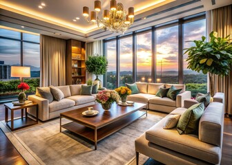 Fototapeta premium A modern living room bathed in soft light, showcasing floral décor and stylish design, viewed from above.