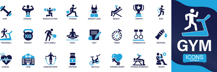gym and fitness icon set featuring workout, exercise, weight, loss, routine, fit, health, dumbbell, muscle, training, cardio, weightlifting, and sport symbols for health and fitness design. © CREATIVE DESIGNER 