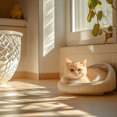 fluffy cat relaxes in cozy bed by sunlit window, surrounded by warm, inviting home decor and vibrant tiles. peaceful atmosphere is enhanced by soft shadows and natural light