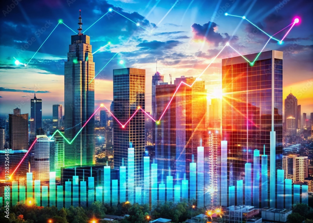 Poster abstract double exposure photography of a graph chart overlaying a cityscape for visualizing data re