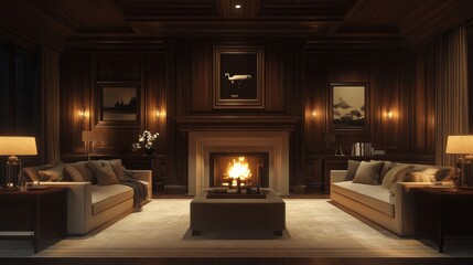 Elegant Dark Wood Paneled Living Room With Fireplace