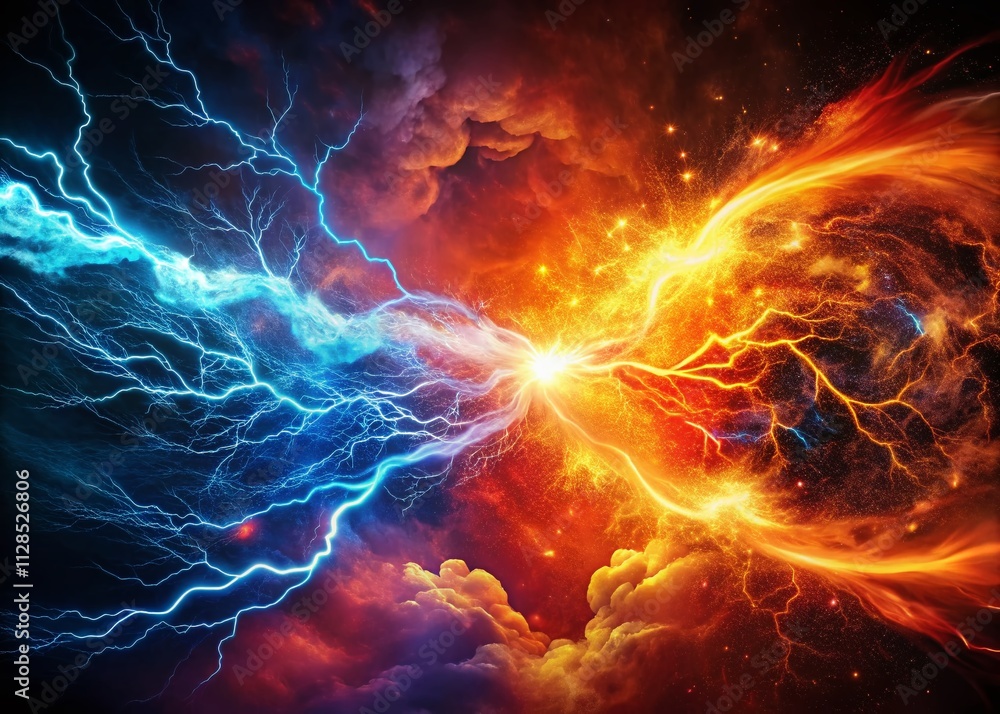 Poster abstract fire and lightning cursor collision with dynamic energy and colorful swirls, evoking power 