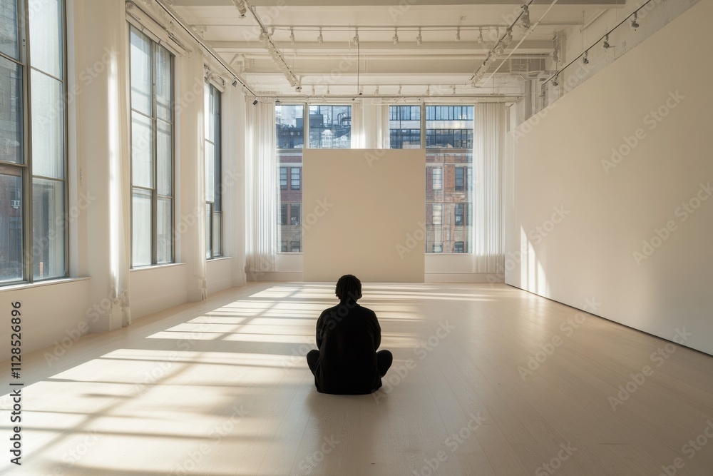 Fototapete A solitary person sits on the smooth floor of a vast gallery, surrounded by empty walls and natural light, contemplating artistic expression. Generative AI