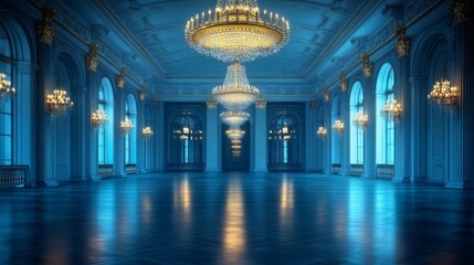 Elegant Blue Ballroom With Crystal Chandeliers And Windows