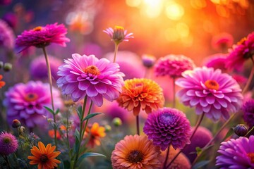 Fototapeta premium Abstract Floral Landscape Photography Featuring Vivid Pink, Purple, and Orange Flowers Blending Harmoniously in an Enchanting Natural Setting