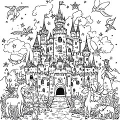 Obraz premium Enchanting Castle Surrounded by Magical Creatures