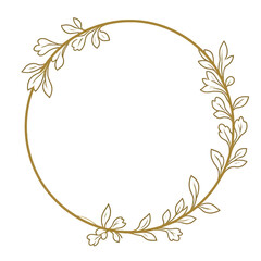 Round golden floral wreath frame with hand drawn flowers and leaves decoration
