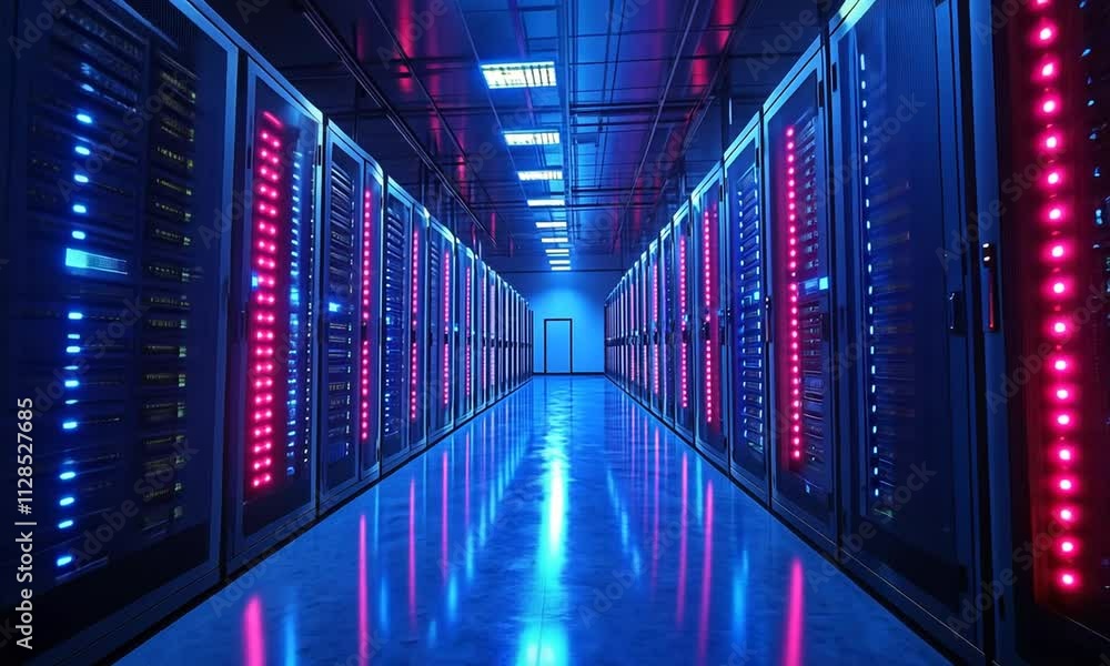 Poster a corridor lined with illuminated server racks in a data center.