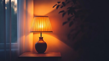 Illuminated Table Lamp Beside Window Curtains
