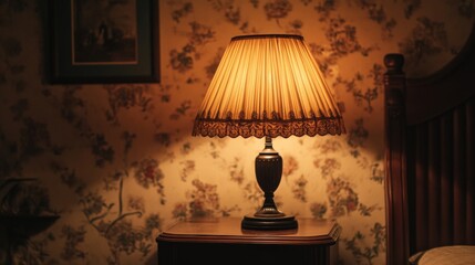 Illuminated Vintage Lamp On Wooden Nightstand