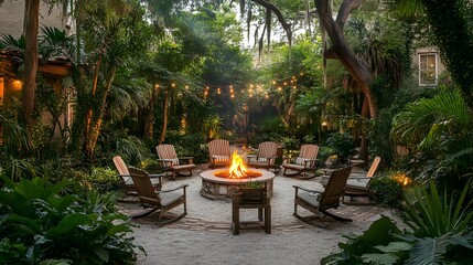 Obraz premium A lush backyard garden with comfortable chairs around an elegant fire pit