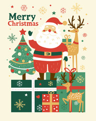 Festive Christmas card with Santa Claus, reindeer, decorated Christmas tree, and colorful gift boxes, surrounded by snowflakes and stars