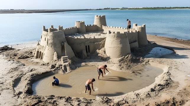 Three men building a massive sand fortress with a moat filled with seawater.