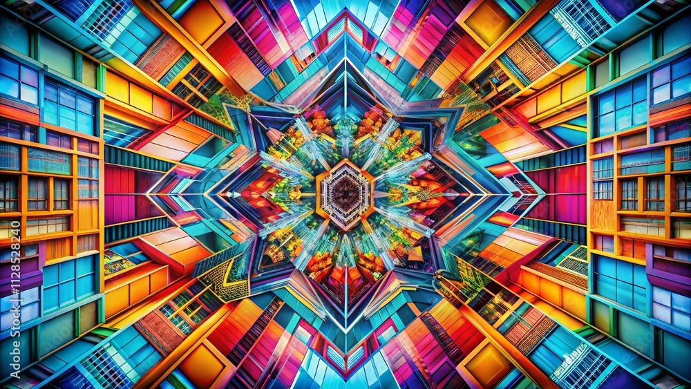 Poster abstract geometric symmetry in vibrant colors: a panoramic exploration of colorful patterns and shap