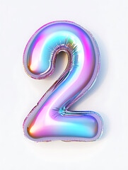 Holographic balloon in shape of number two with shiny, colorful surface