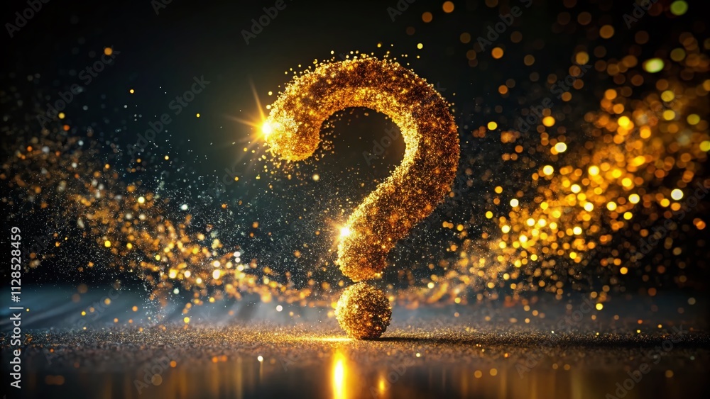Poster abstract glowing question mark in golden particles on dark background for mystique and curiosity rep