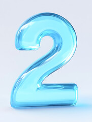 Fototapeta premium 3D render of translucent blue number two on light background, showcasing glossy and smooth texture. design highlights reflective and luminous qualities of material