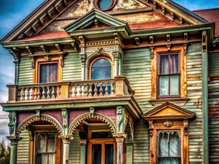Fototapeta premium Century-old Victorian home: minimalist photos reveal aged wood, intricate carvings, and a weathered, classic facade.