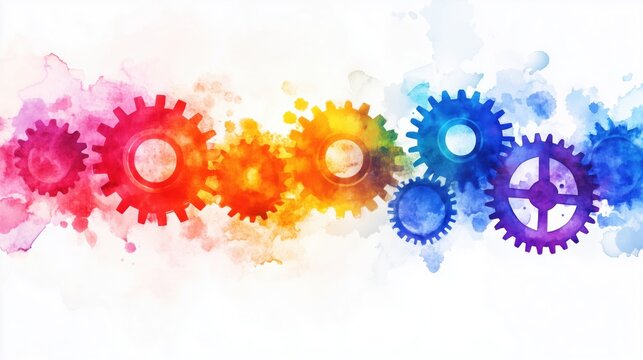 Farbenfrohes Zahnrad-Motiv mit Aquarelltexturen