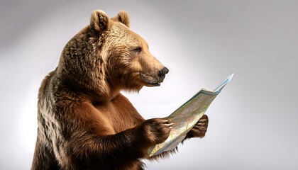 Obraz premium Curious Bear Exploring a Map in the Studio