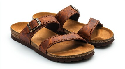 Naklejka premium sandals made of brown tan leather isolated on a white backgroun