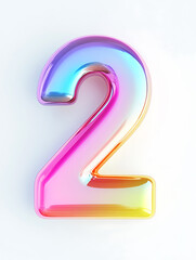 Colorful 3D number two with glossy, iridescent finish on white background. vibrant hues create playful and modern aesthetic, perfect for design projects