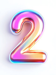 Colorful 3D number two icon with glossy, iridescent finish on white background. vibrant hues create playful and modern aesthetic, perfect for digital design projects