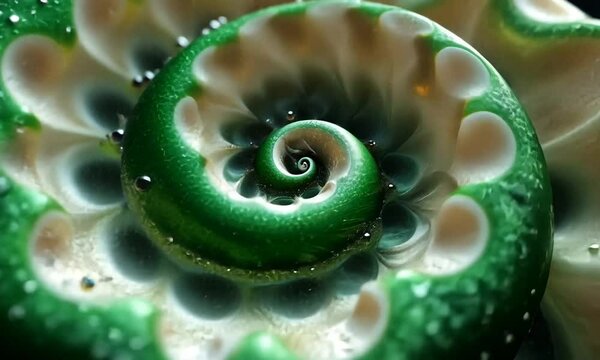 A detailed, vibrant spiral shell with intricate patterns and textures in green and white hues.