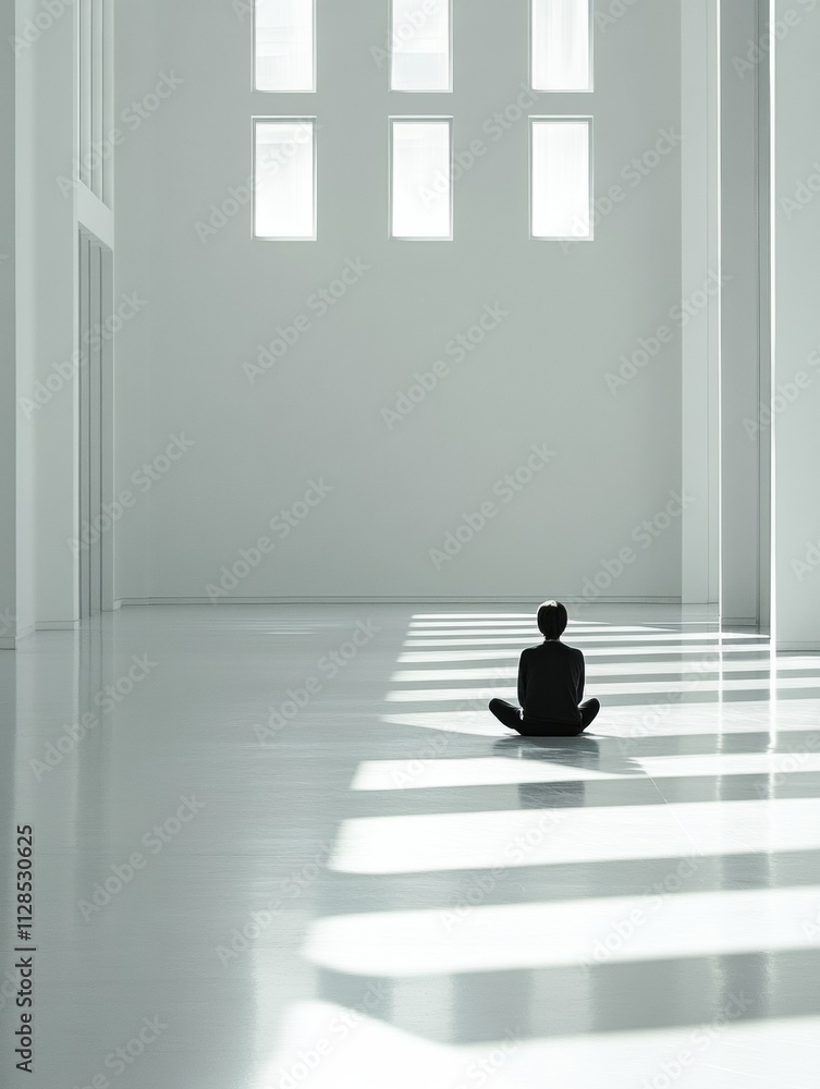 Aufkleber a person sits quietly on the smooth floor of a spacious gallery, surrounded by vast empty walls and 