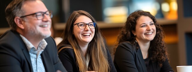 Fototapeta premium A group of business people smiling and laughing during an office meeting