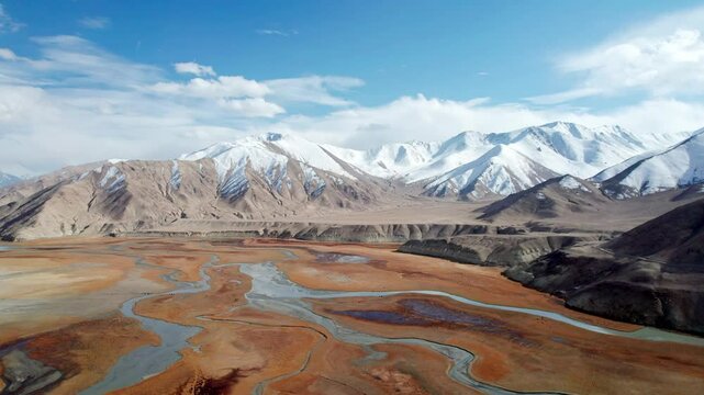 Drone view of Muji river and snow mountains in Muji, Akto county, Kashgar, Southern Xinjiang, China. Aerial landscape of natural landmark on Pamir plateau, 4k real time footage, travel concept.