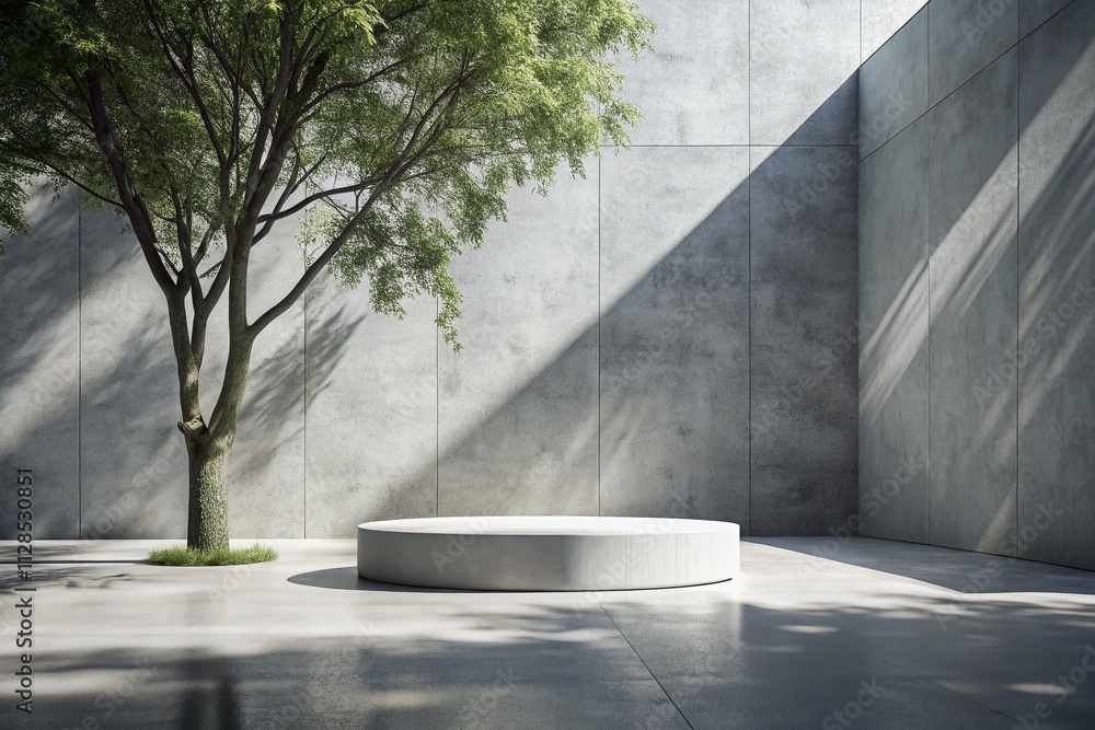 Aufkleber abstract minimalist background featuring tree shadows on a white concrete wall with an empty podium 