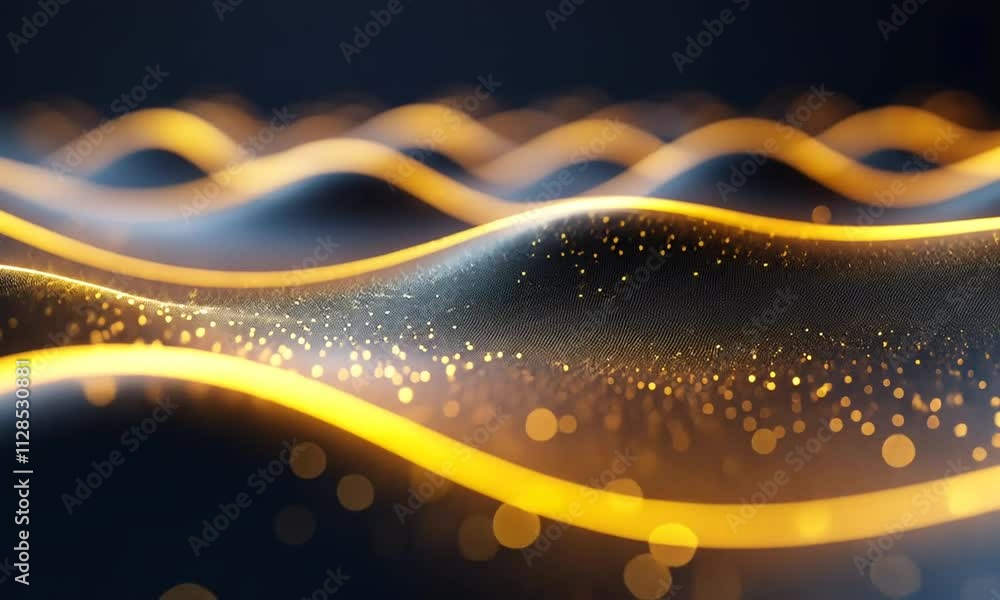 Poster a digital representation of flowing waves with glowing particles, creating a serene atmosphere.