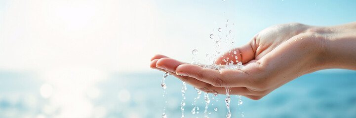 Fototapeta premium Gentle splash of water droplets falling from an outstretched hand against a bright blue ocean background 