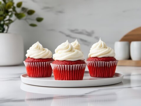 A plate of red velvet cupcakes topped with cream cheese frosting.
