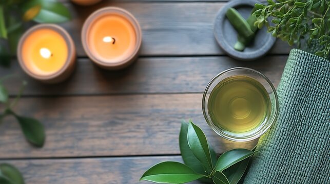 A flat lay of a wellness arrangement with green tea in a glass cup, aromatherapy candles, a meditation journal, and a yoga mat, minimalist and calming aesthetic. --ar 16:9