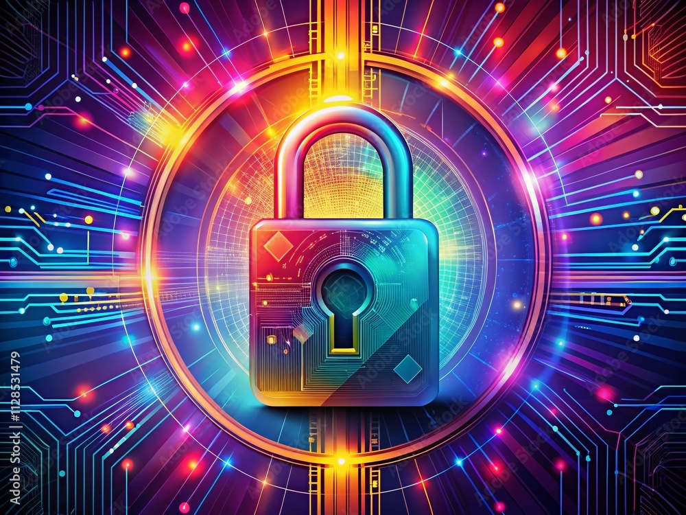 Poster abstract padlock symbol representing digital security in a futuristic design with dynamic colors and