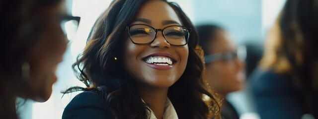 Fototapeta premium A group of business people smiling and laughing during an office meeting