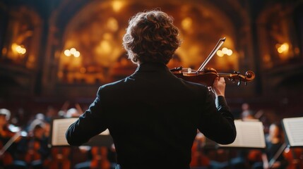 A violinist performs in front of an orchestra, showcasing musical talent and artistry.