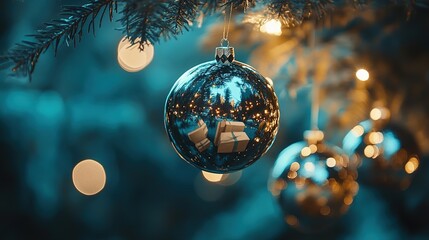 Christmas tree with decorative ornaments and gift boxes on fir branches in blue abstract night light