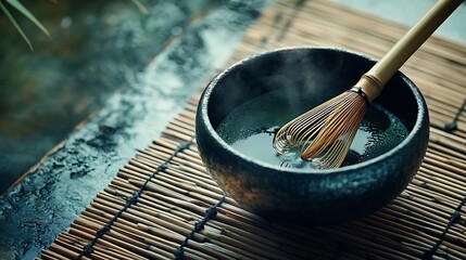 A focused shot of a chasen whisk resting inside a traditional matcha bowl with fresh green matcha powder, soft natural lighting creating gentle shadows on a bamboo mat background,