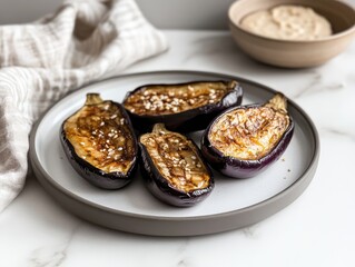Grilled eggplants served on a plate with a creamy dip in the background.
