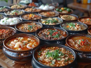 Fototapeta premium Diverse Asian Cuisine Bowls Delicious Food Restaurant Dishes Meal Dinner Tom Yum Hot Pot Spicy