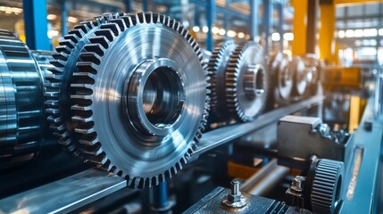 Fototapeta premium Close-up of industrial gears in a factory setting.
