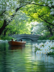 Obraz premium Serene river with a boat under a lush green canopy
