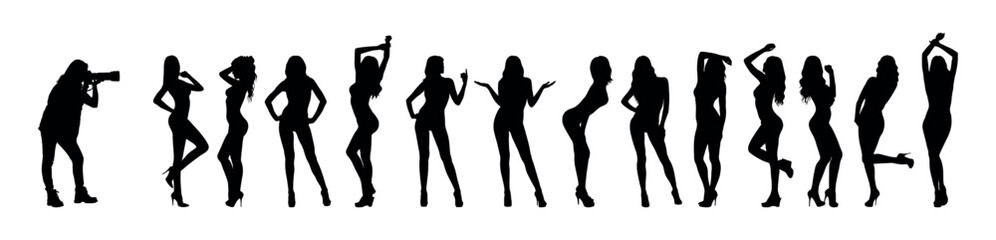 Female photographer is taking photos of group sexy female models standing in a row black silhouettes.